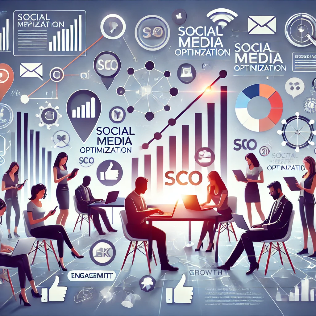 dall·e 2025 12 03 18.00.25 create a professional, modern illustration showing the concept of social media optimization (sco) for businesses. the scene features a diverse group o