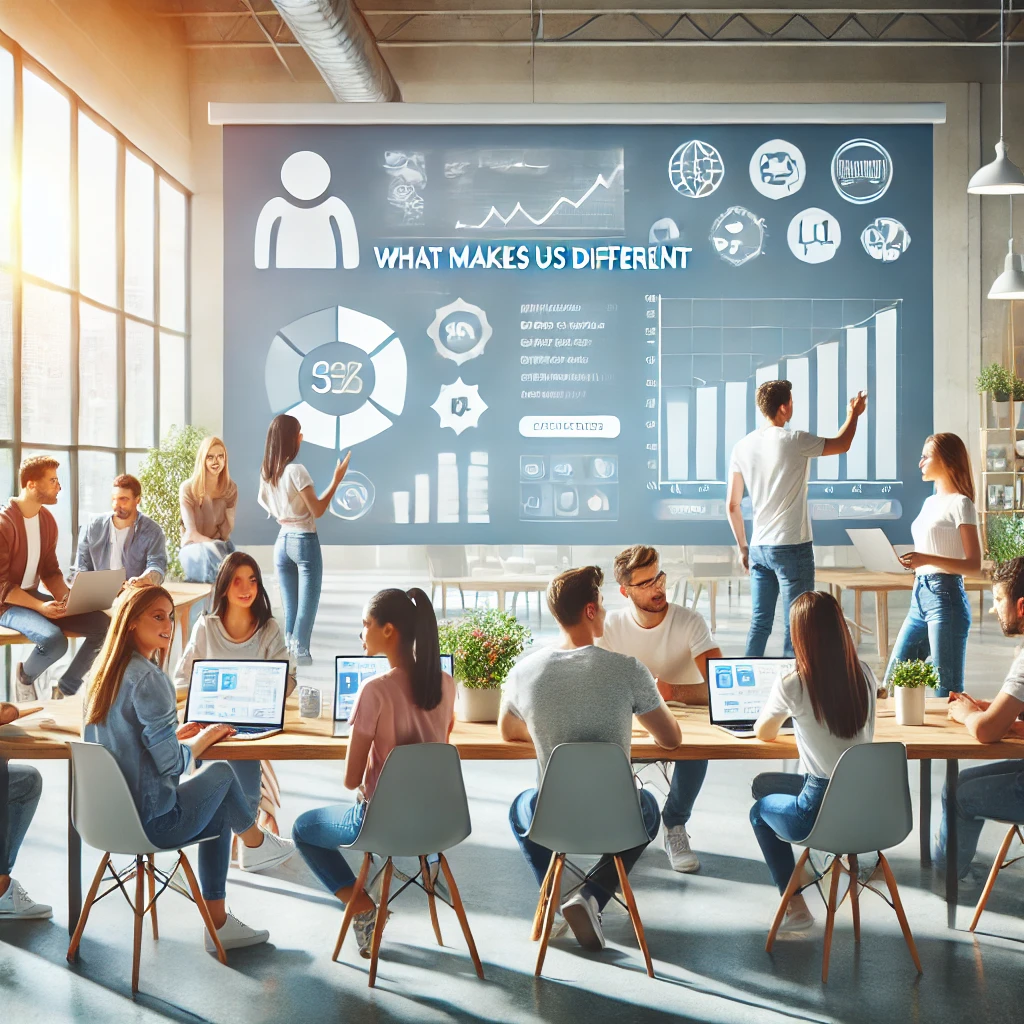 dall·e 2025 12 10 17.54.12 a clean, modern, professional website style image showing a diverse group of young adults engaged in digital marketing training. the scene includes st