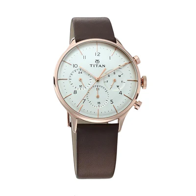titan quartz multifunction white dial leather strap watch for men