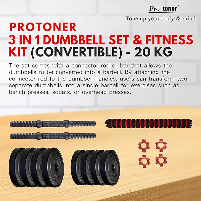 protoner pvc 3 in 1 convertible dm 4 40 kg dumbbells set and fitness kit for men and women whole body workout (20 kg (2 kg x 4, 3 kg x 4), 3 in 1 convertible)