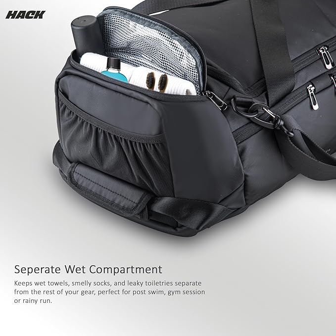 hack athletics 30l duffle gym bag for men & women – water resistant sports, travel & fitness bag with wet pocket, multiple compartments, durable polyester, and adjustable shoulder strap