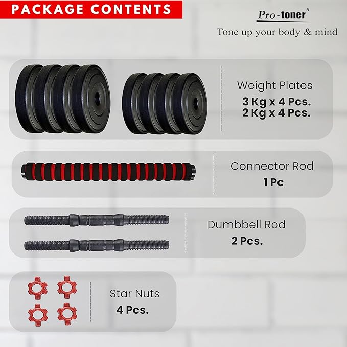 protoner pvc 3 in 1 convertible dm 4 40 kg dumbbells set and fitness kit for men and women whole body workout (20 kg (2 kg x 4, 3 kg x 4), 3 in 1 convertible)
