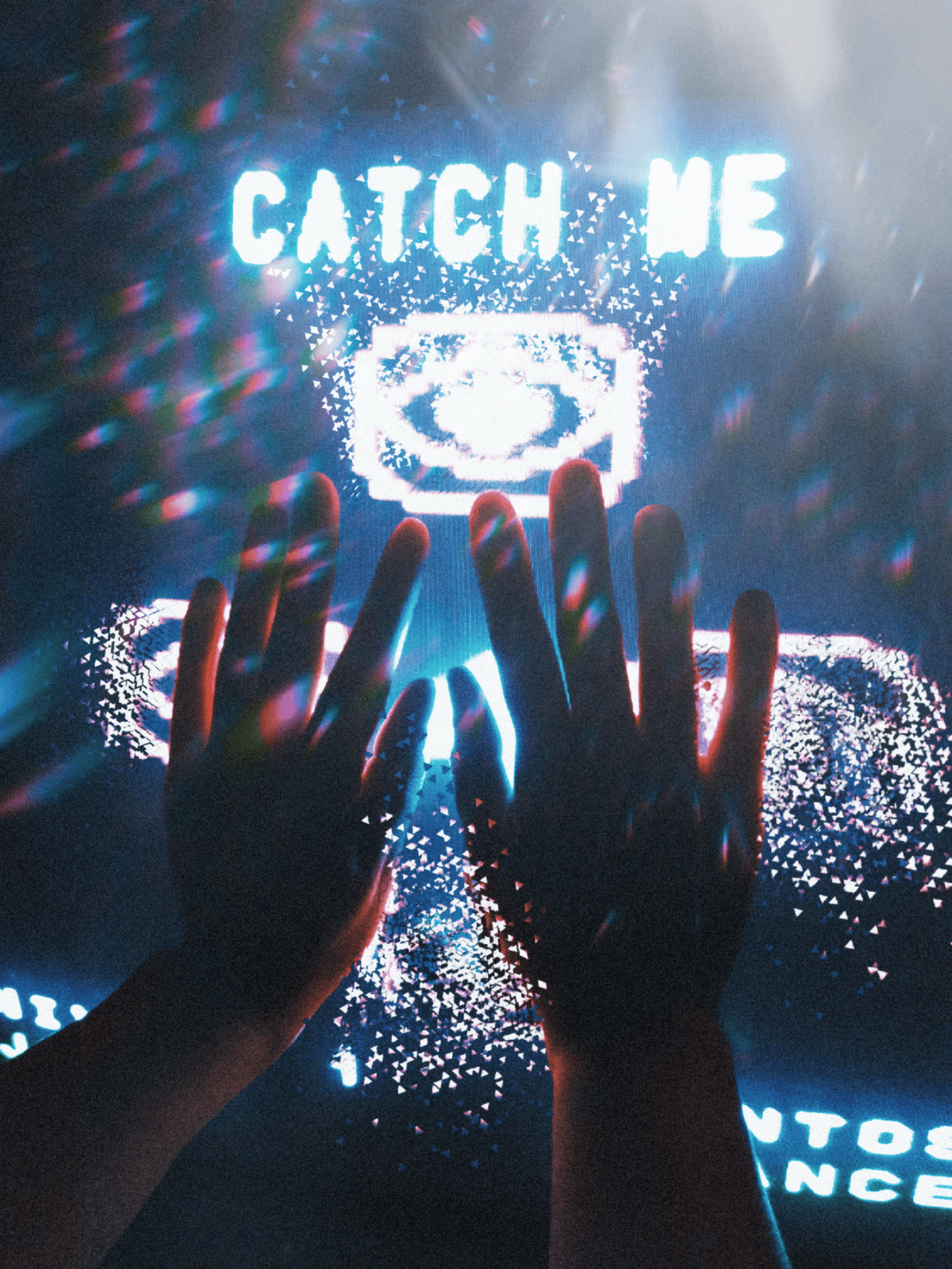 Hands reaching towards a digital screen displaying 'catch me', creating an interactive and futuristic feel.